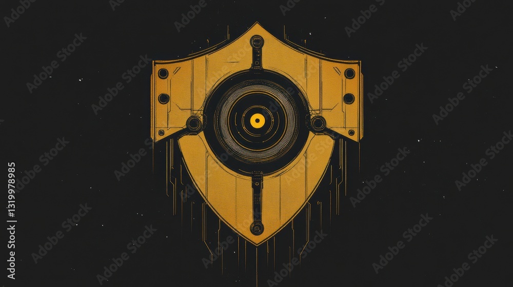 Poster shield design featuring cybernetic patterns and a robotic eye representing artificial intelligence i