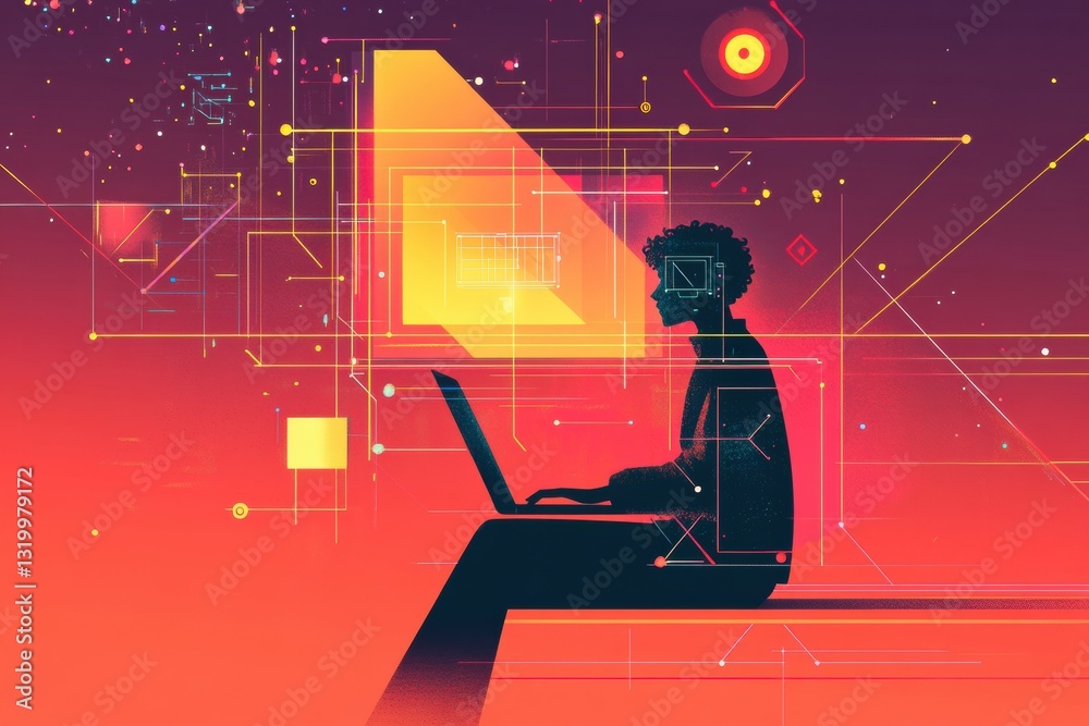 Poster student engages in virtual learning environment enhanced by artificial intelligence with creative gr