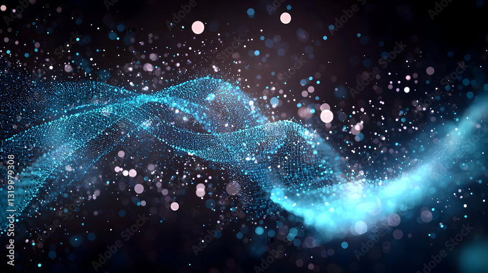 Poster dynamic blue particle wave flowing through dark space with sparkling glitter and defocused bokeh eff