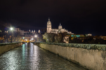 Obraz premium Night view of the Cathedral of Salamanca, Spain, from the Roman Bridge