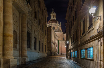 Night view of streets in the city of Salamanca, Spain