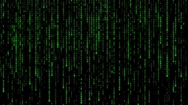 Matrix Code Digital Rain: Green Binary Data Stream on Black Background - Cyber Security, Programming, and Technology Concept