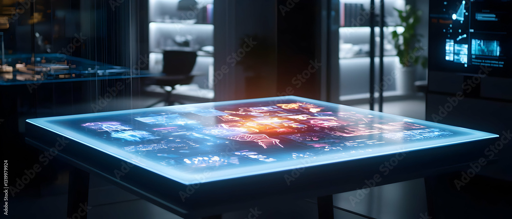 Poster futuristic interactive data visualization on a holographic display table in a modern office with blu