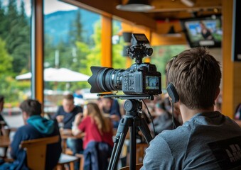 Filming a presentation in a cafe. AI.