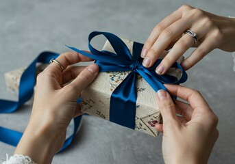 Valentine's Day, White Day Hands carefully wrapping a beautifully decorated gift with a silk ribbon
