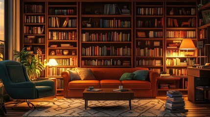 Cozy library with bookshelves, sofa, and armchair at sunset.