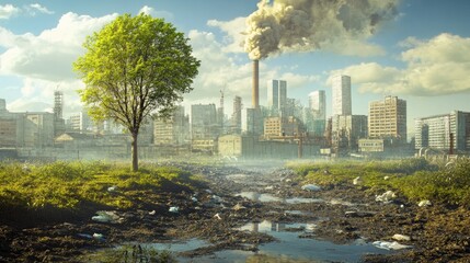 Hope Amidst Pollution, Lone Tree in a Smog-Filled Cityscape