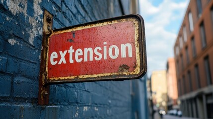 A Rusty Red Extension Sign Affixed to a Blue Brick Wall with a Blurred Urban Street in the Background, Capturing the Urban Aesthetic and Vintage Charm in a Serene Setting