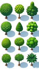Set of various stylized green tree icons isolated on white background, representing diverse nature elements, ecology, environment, and landscape design illustration

