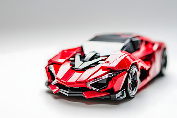 terlocking toy brick car model, a miniature vehicle in red and black on clean white background