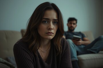 A somber scene depicts a young woman in the foreground looking directly at the viewer with a sad, forlorn expression.