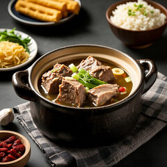 Traditional Malaysian Bak Kut Teh in a Clay Pot with Herbal Broth