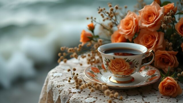 Orange and white teacup on lace at seashore