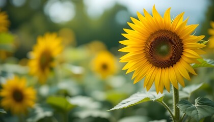 Bright sunflowers blooming in a sunny field under a blue sky