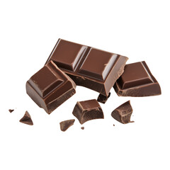 Broken chocolate bar pieces falling on transparent background