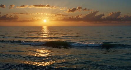 Obraz premium Ocean sunset with sun rays piercing through clouds, reflecting on waves, creating a serene atmosphere.