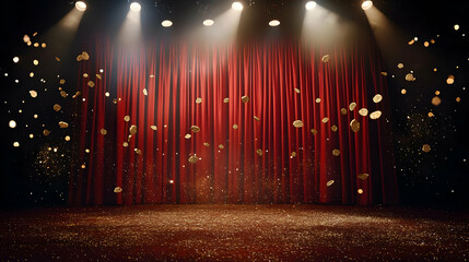Elegant Red Stage Curtain With Falling Gold Confetti And Spotlights In Theater