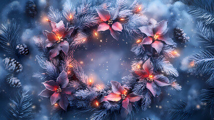 Mystical holiday wreath with frosted branches, glowing fairy lights, and magical winter flowers. Frosted Glow. Illustration