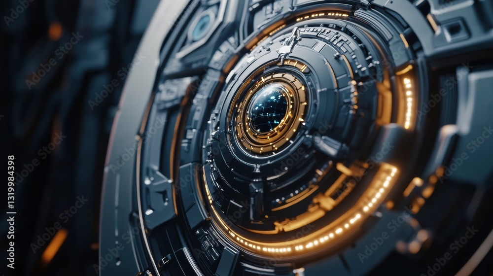 Poster Representation of artificial intelligence in cybersecurity with a shield design featuring a robotic eye and cybernetic patterns
