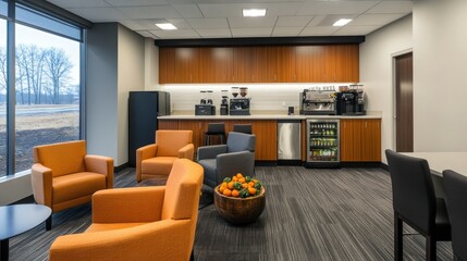 Modern office break room with orange chairs, coffee bar, and large window.