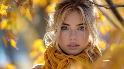 Fototapeta premium A young woman, surrounded by vibrant autumn leaves, gazes directly into the camera, capturing the essence of a serene autumn day