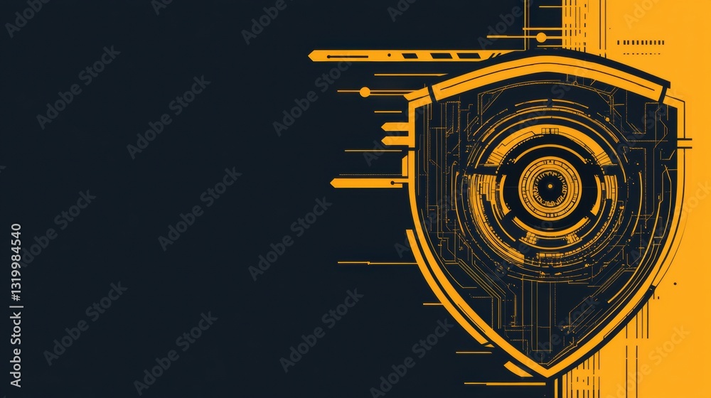 Poster Cybernetic shield featuring robotic eye design symbolizes AI in cybersecurity with space for text layout