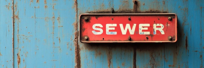 Rustic red and white "SEWER" sign mounted on a weathered blue wooden door with visible texture and signs of aging and decay in an urban setting