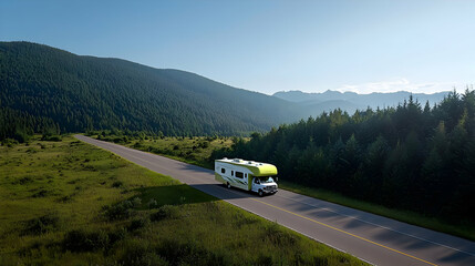 White And Green Recreational Vehicle Traveling On Asphalt Road Near Lush Green Mountain Under Blue Sky During Daytime