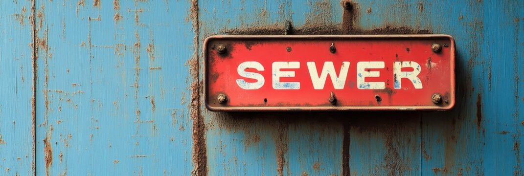 Rustic red and white "SEWER" sign mounted on a weathered blue wooden door with visible texture and signs of aging and decay in an urban setting