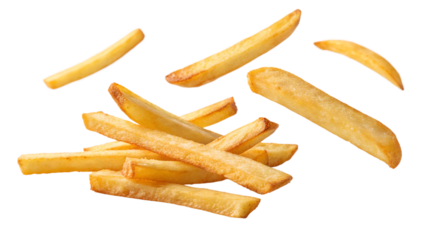 Flying golden crispy french fries isolated on a white or transparent background.