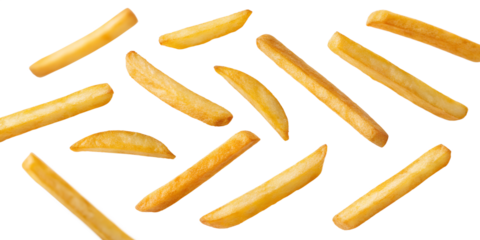 Golden crusted french fries flying in a random arrangement