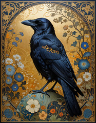 Decorative art nouveau illustration of a raven in an ornate decorative golden background
