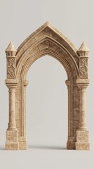 Obraz premium An ancient stone arch made of light brown sandstone. Intricately carved medieval-style stone arch on a neutral background.