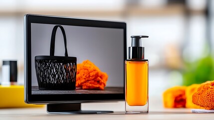 Modern still life featuring a stylish bottle and a black basket with vibrant towels in a bright setting