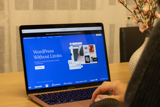 Daly City, CA, USA - Nov 25, 2024: A woman learns to create her own website with WordPress from her MacBook. WordPress is a web content management system.