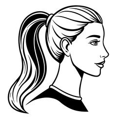 Cute Black Silhouette of Female with Ponytail - Vector Illustration, Cartoon, Clipart, Line Art, Stylish black silhouette of a female with ponytail, perfect for vector, cartoon, and clipart designs