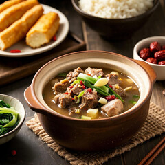Traditional Malaysian Bak Kut Teh in a Clay Pot with Herbal Broth