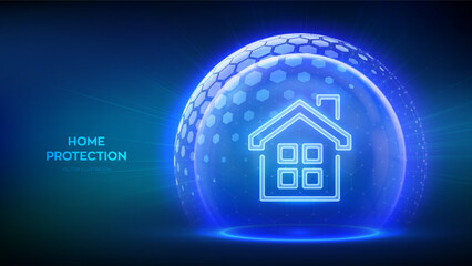 Home security protection. Home Insurance concept. Real estate insurance. Glass transparent sphere shield with surface of hexagons with House icon illustrates Home Insurance. Vector illustration. © iuriimotov