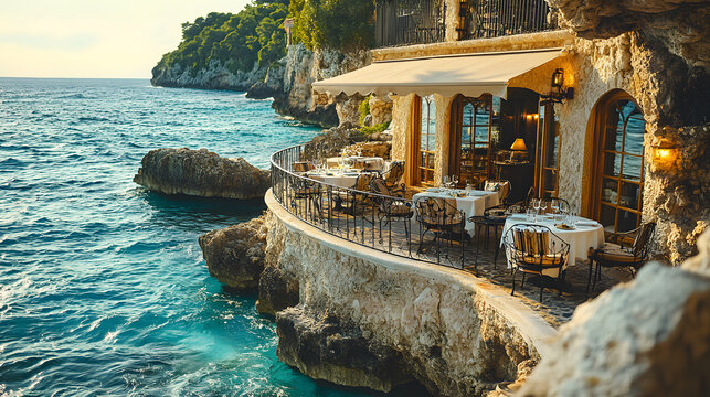A stunning luxury restaurant terrace built on a rocky cliff, overlooking the turquoise waters of the ocean