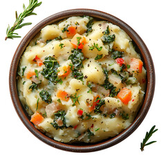 A Bowl of Dutch Stamppot Mashed Potatoes Mixed with Potato Soup Isolated on Transparent Background