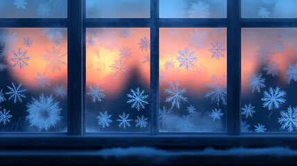 Fototapeta premium A frosted window with intricate snowflake patterns, illuminated by the soft glow of a winter sunrise. Frosted Glow. Illustration