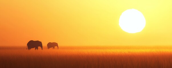 Two elephants are seen grazing beneath a warm sunset sky