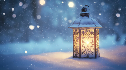 vintage glowing snowy lantern