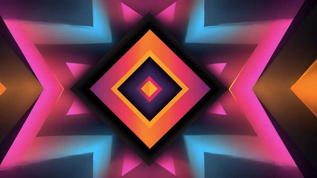 A vibrant geometric pattern with interlocking shapes in pink, orange, and blue hues, creating a dynamic and modern visual effect.