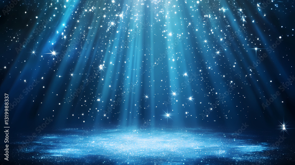 Wall mural abstract christmas background with falling snowflakes and sparkling stars on blue background with em