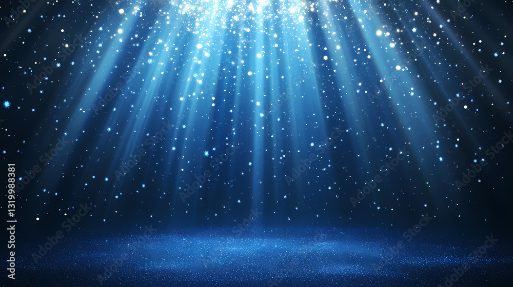 Wall mural abstract christmas background with falling snowflakes and sparkling stars on blue background with em