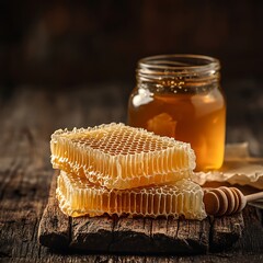 Honeycombs with honey and honey dipper on wooden background