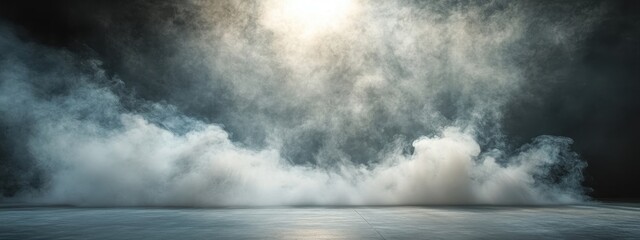 Fototapeta premium Mysterious smoke fills an empty, dimly lit space.