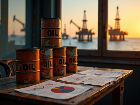 Conjunto de barriles de petr&oacute;leo apilados sobre una mesa de madera, con gr&aacute;ficos de mercado exhibidos y plataformas petroleras en alta mar al atardecer