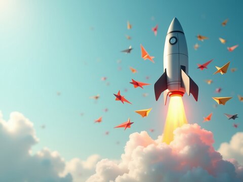Cohete se lanza entre aviones de papel, lo que simboliza innovaci&oacute;n revolucionaria, esp&iacute;ritu emprendedor y nuevas ideas audaces